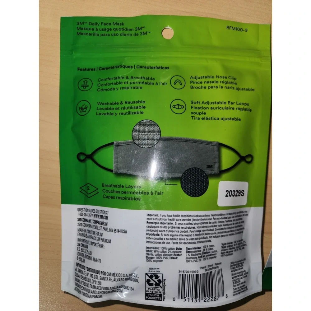 9pk Daily Face Masks Reusable,‎ Ear Loops Lightweight Cotton Fabric 3×3 pack
